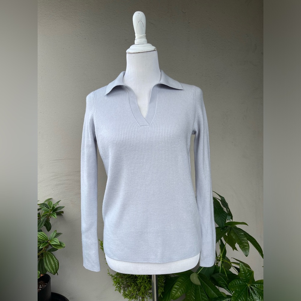 🌿 Saks Fifth  Avenue Merino Wool Blend Polo Sweater in Grey Blue , M
